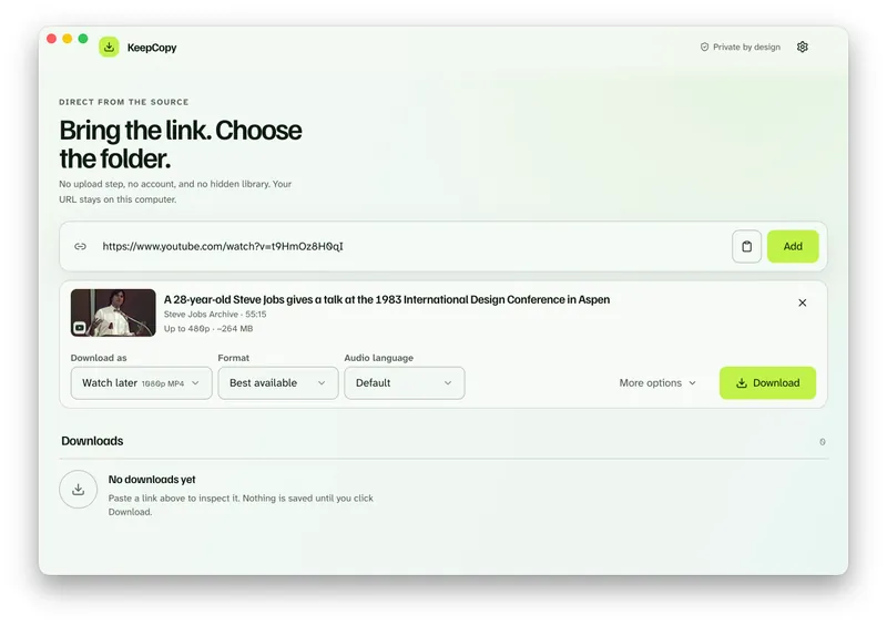 KeepCopy inspect card after a pasted link, with Download as, Format, and Audio language menus