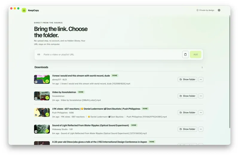 KeepCopy downloads list with finished Facebook, Twitch, YouTube, and Instagram jobs and Show folder on each row