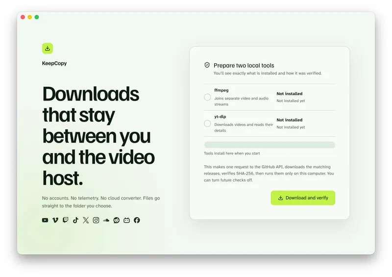 KeepCopy first-launch card listing ffmpeg and yt-dlp as not installed, with a Download and verify button