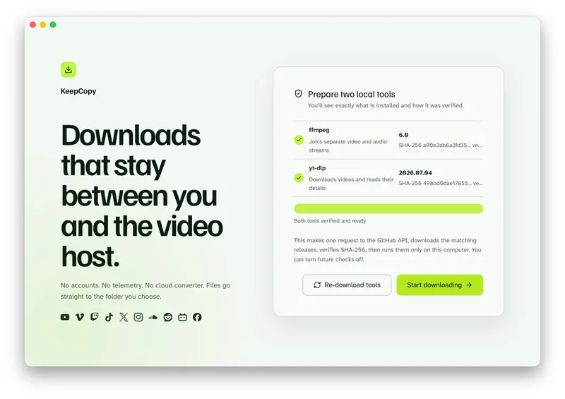 KeepCopy first-launch card showing ffmpeg and yt-dlp installed, each with the SHA-256 it was verified against