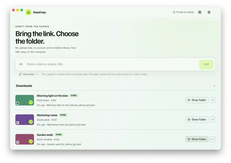 KeepCopy paste field and downloads list with finished jobs, each showing a DONE badge and a Show folder button