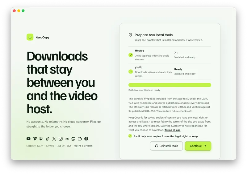 KeepCopy first-launch card to prepare ffmpeg and yt-dlp, with an Install and verify button