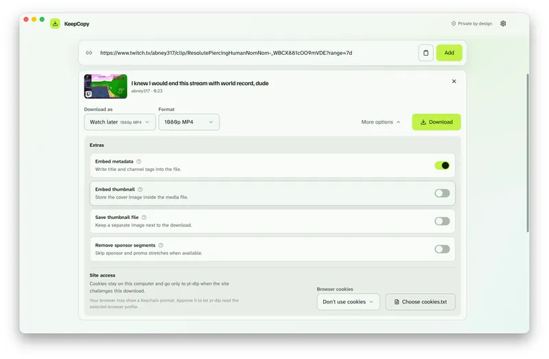 KeepCopy More options panel with extras, Remove sponsor segments, and Don’t use cookies under Site access