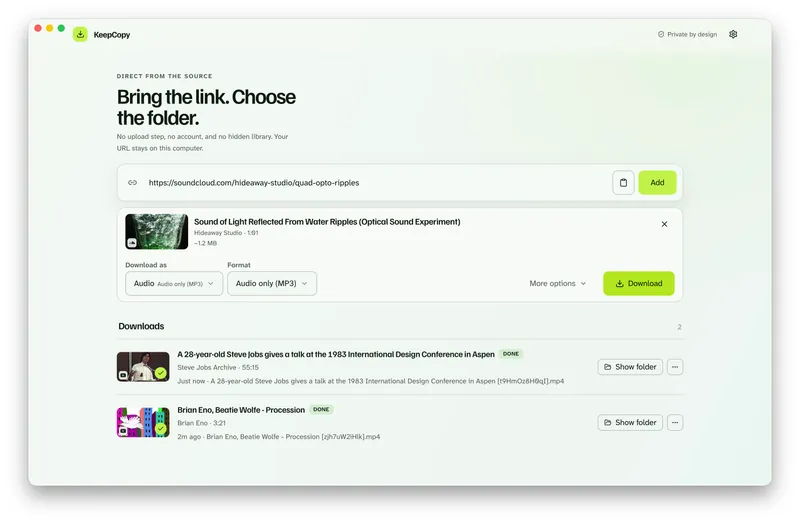 KeepCopy with a pasted SoundCloud URL, Download as set to Audio and Format set to MP3