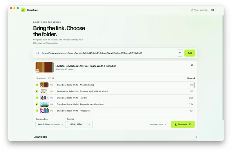 KeepCopy playlist picker with selected entries, thumbnails, a selected count, and a Download 25 button